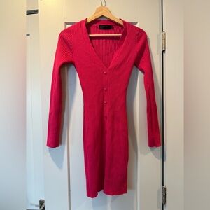 Pink Ribbed Knit Button-Up Bodycon Midi Dress